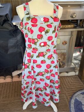 Retro 1950s Strawberry Print Swing Dress Fit & Flare Blue Polka Dot Medium Pinup